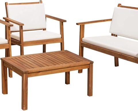Patio Furniture 4 Piece Outdoor Acacia Wood Patio Conversation Sofa Set with Table & Cushions
